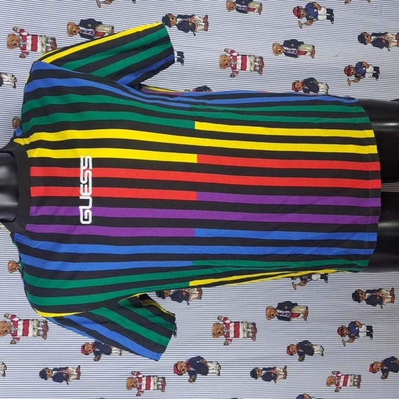 Guess Jeans embroidered spellout multicolor color stripes casual wear SM t-shirt - Picture 2 of 4